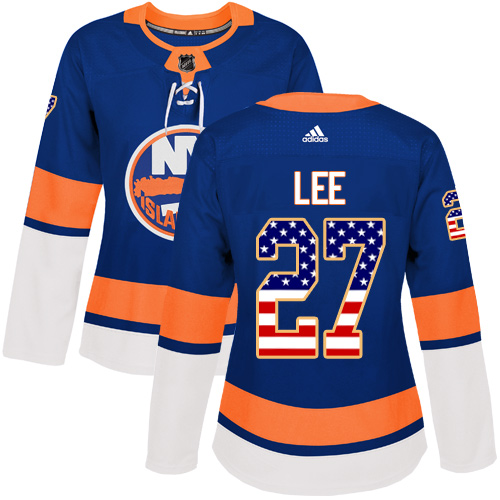 Adidas Islanders #27 Anders Lee Royal Blue Home Authentic USA Flag Women's Stitched NHL Jersey